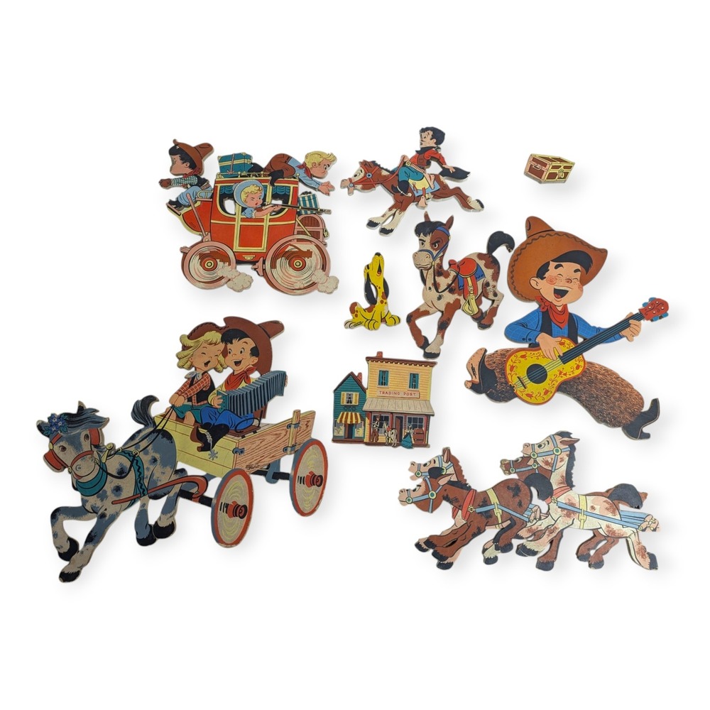 Vintage 1952 Dolly Toy Co Western Cowboy Stagecoach Cardboard Wall Pin Ups 9pc